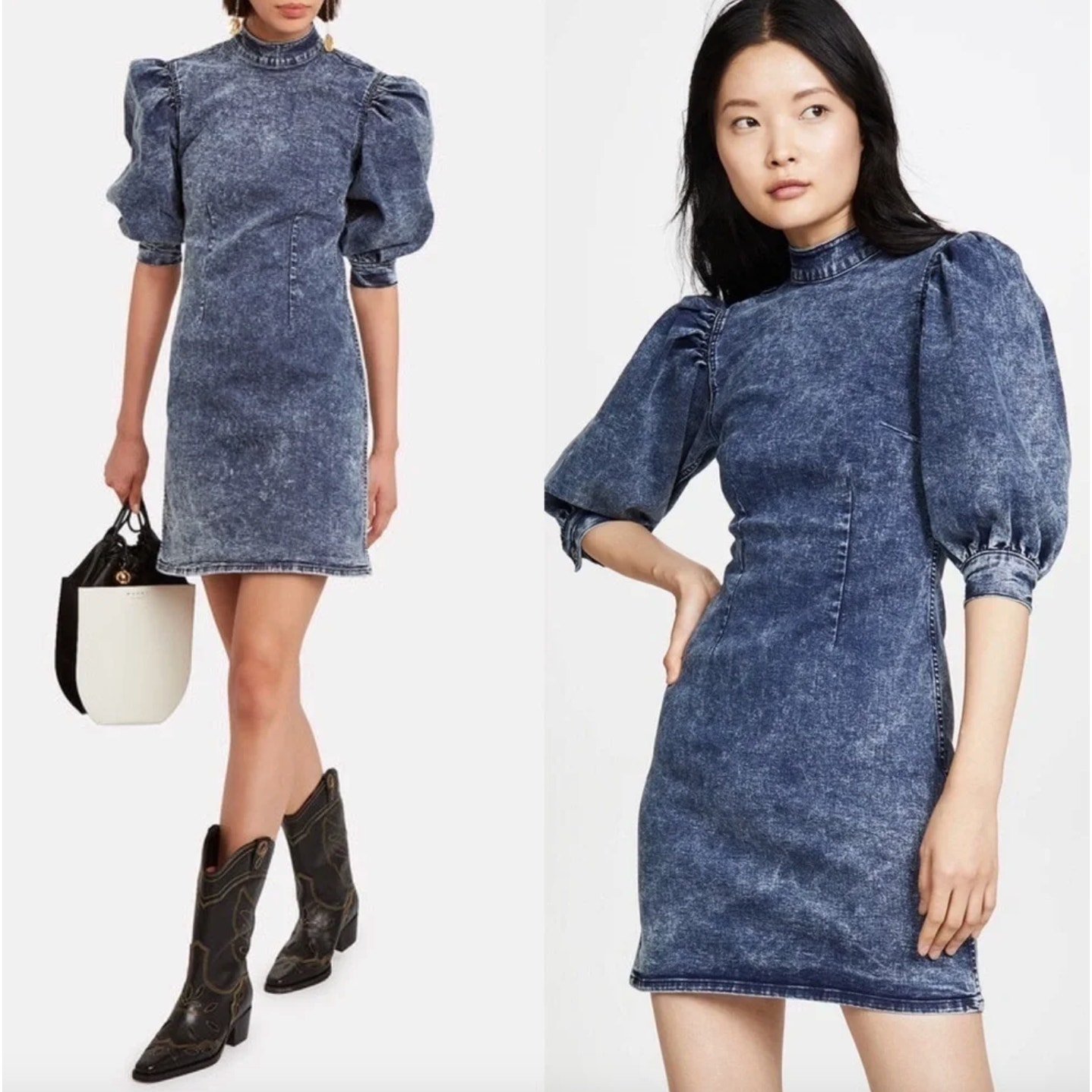 Ganni Acid Wash Denim Puff Sleeve Mini Dress Size Eu 42 Large